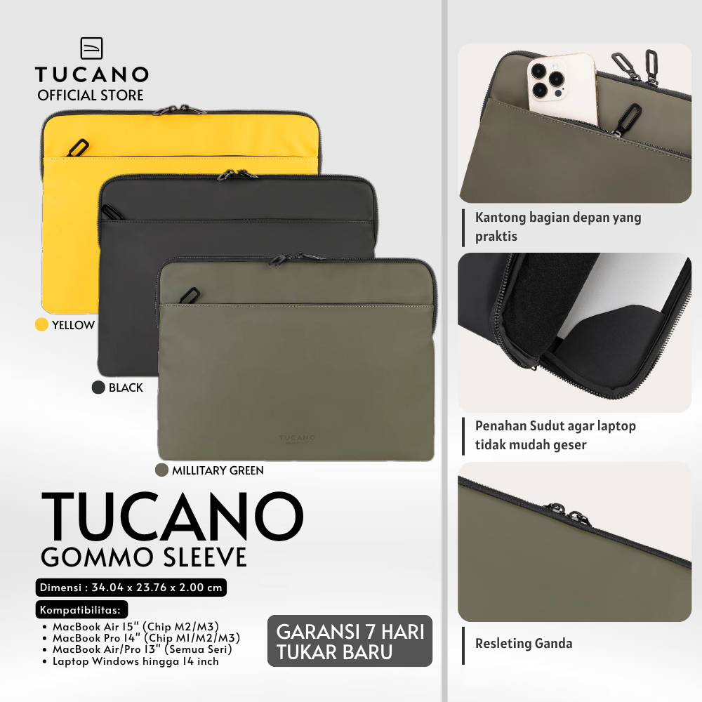 TUCANO Tas Laptop Sleeve 14 Inch (Up to MacBook Air 15 / Pro 14) Gommo BFGOM1314 - Bahan Karet Tahan