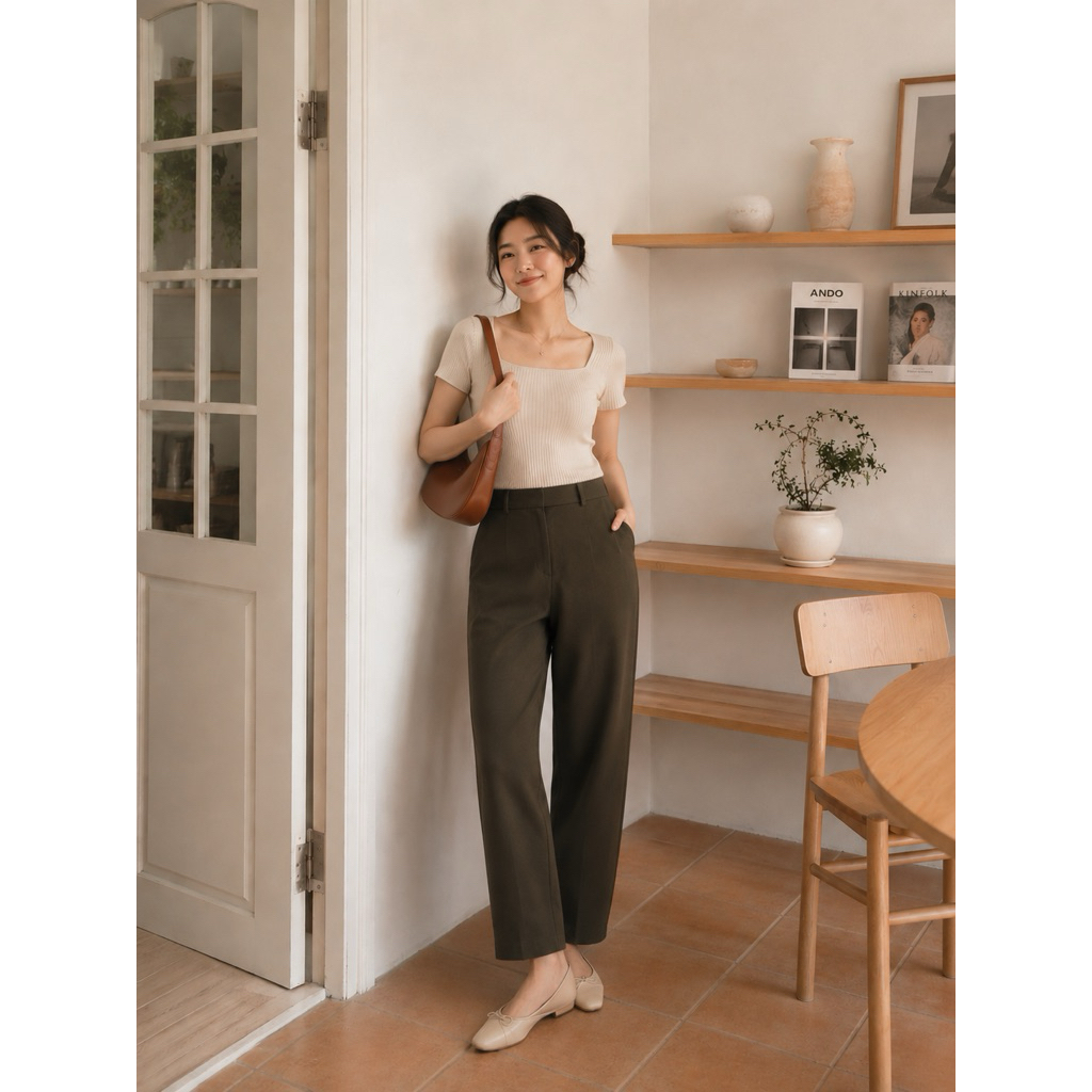 PL Celana Panjang Wanita Hijau Army High Waist Straight Pants