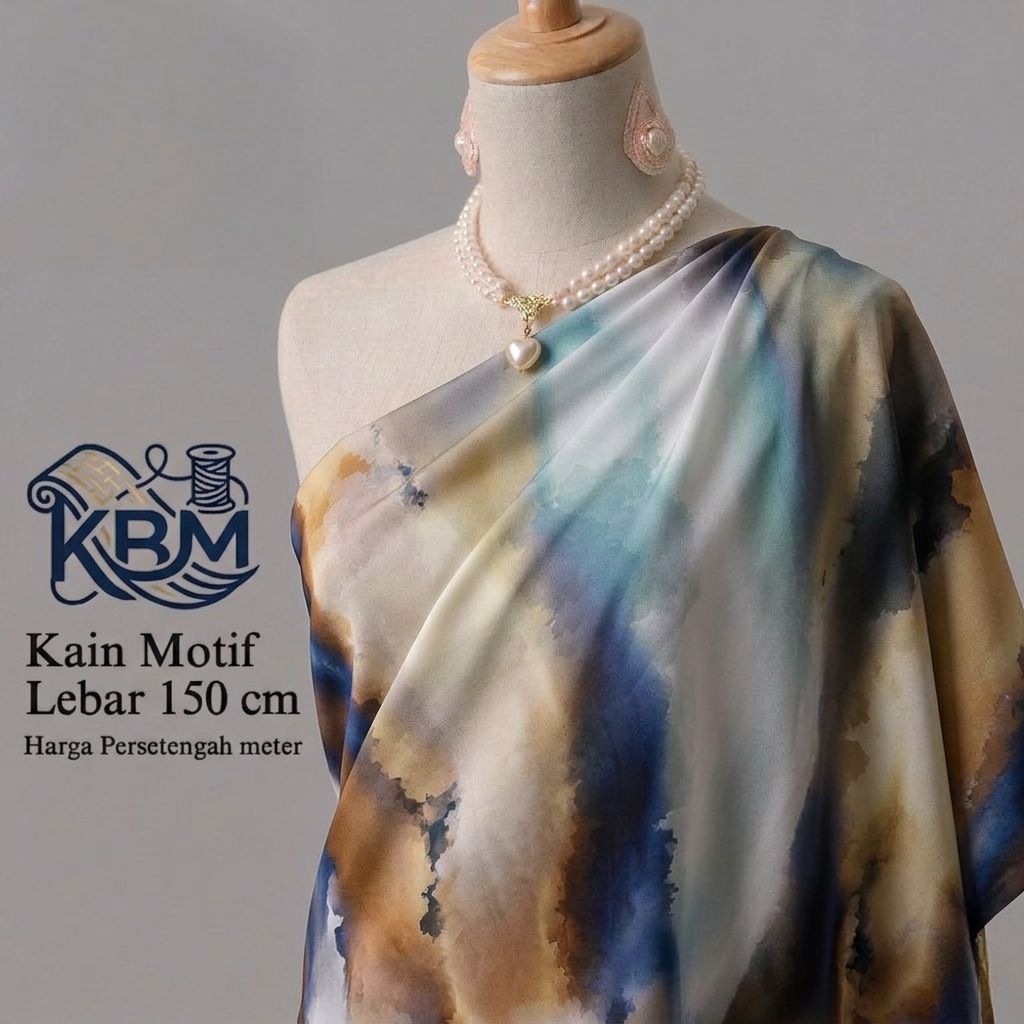 Kain Bahan Satin Silk Motif Watercolor Abstrak Premium - Bahan Silk Lux Mewah Glowing Untuk Dress Pe