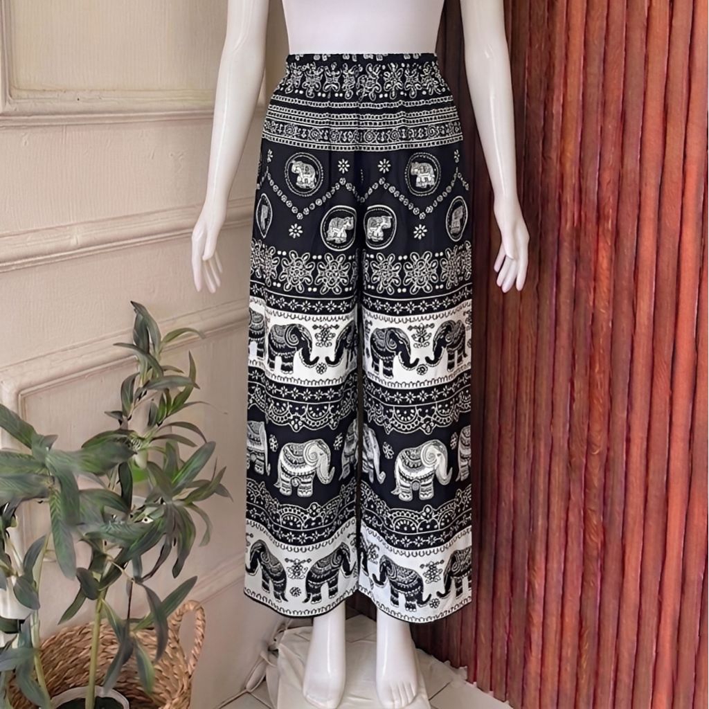 Celana Mihu Mihu Jumbo Rayon Motif Gajah Hitam Putih / Celana Kulot Bali Motif Gajah