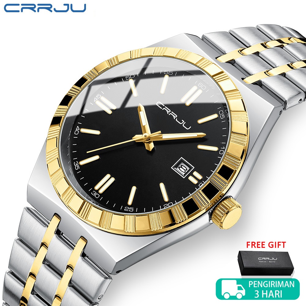 CRRJU Jam Tangan Pria Murah Keren Original Anti Air Tipis Kalender Bercahaya Jam Tangan Cowok