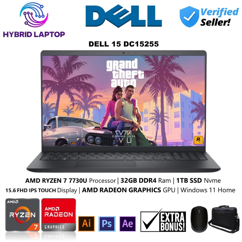 Laptop Touchscreen Dell 15 DC15255 AMD Ryzen 7 7730U 32GB 1TB 15inch 32GB 1TB Windows 11 Home