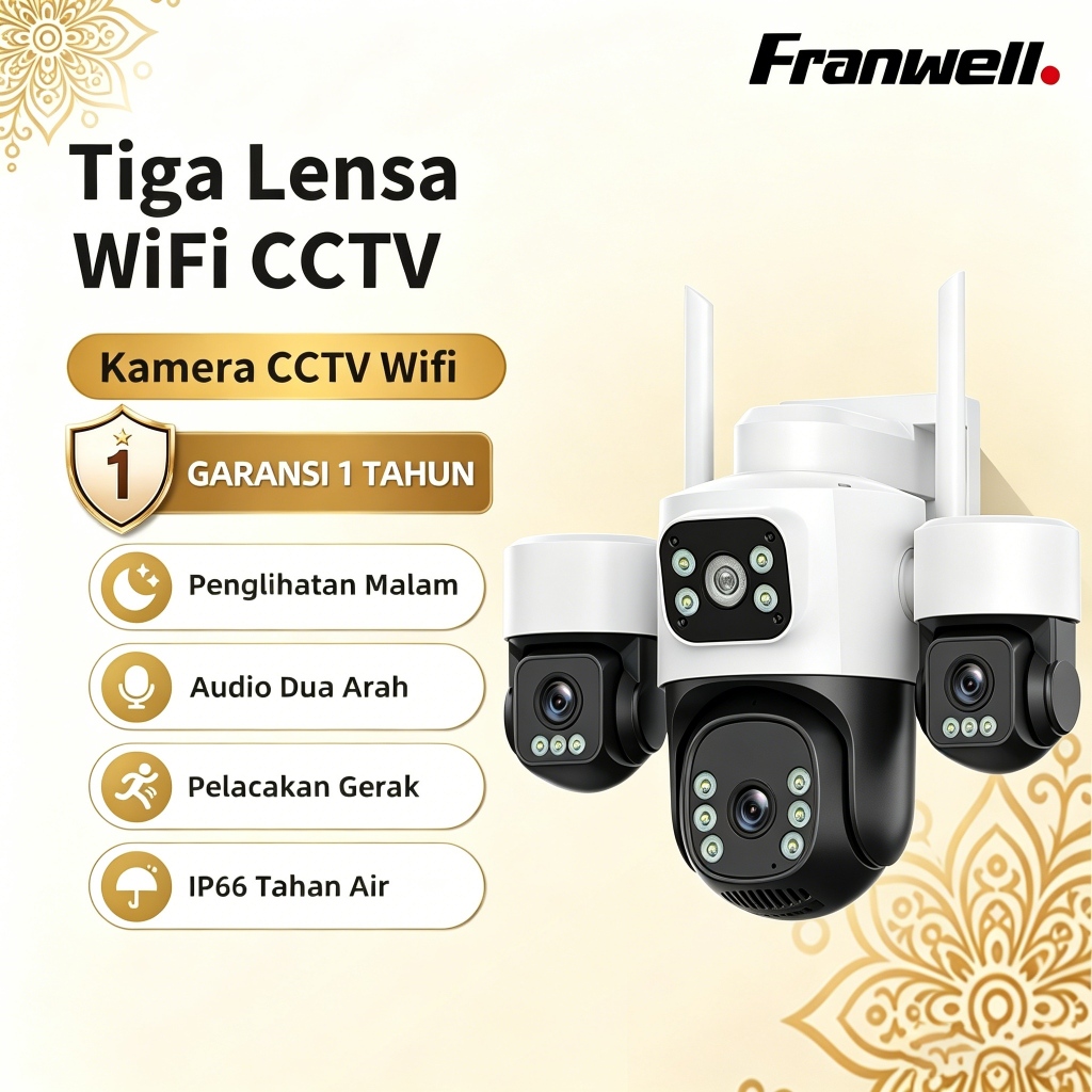 Franwell H30 Kamera CCTV Outdoor WiFi 8MP 3 Lensa Tahan Air IP66 Color Night Vision Pantau HP