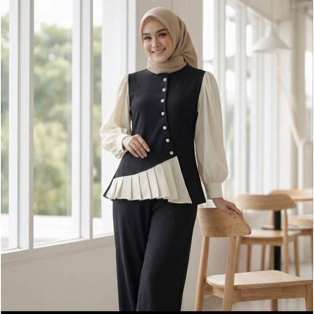 oneset baju elegan kancing mutiara