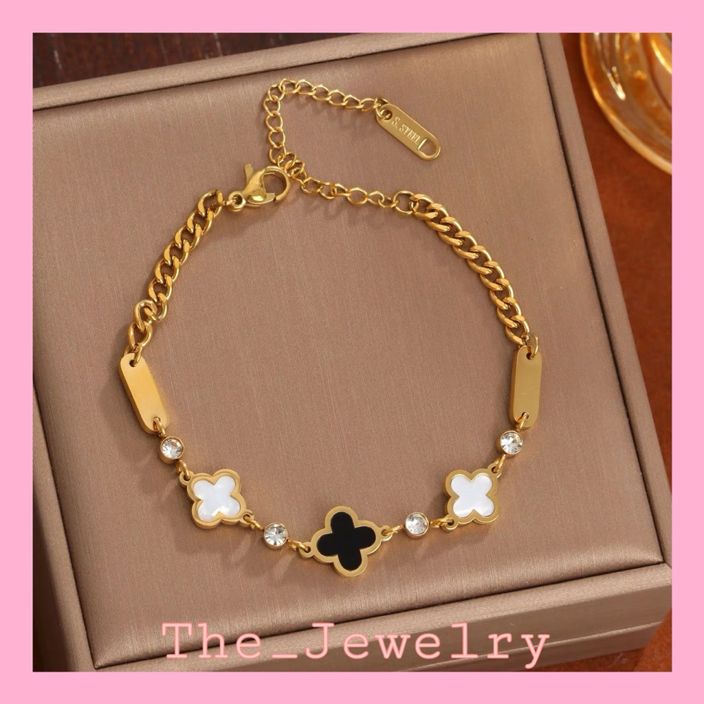 Gelang rante Titanium wanita gold motif bunga mata hitam putih terbaru