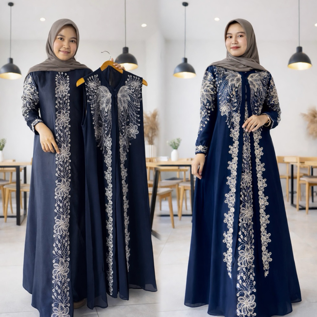 One Set Gamis Pesta Ceruti Premium Bordir Payet – Inner Satin Kristal Outer Ceruti (M–XXXL)