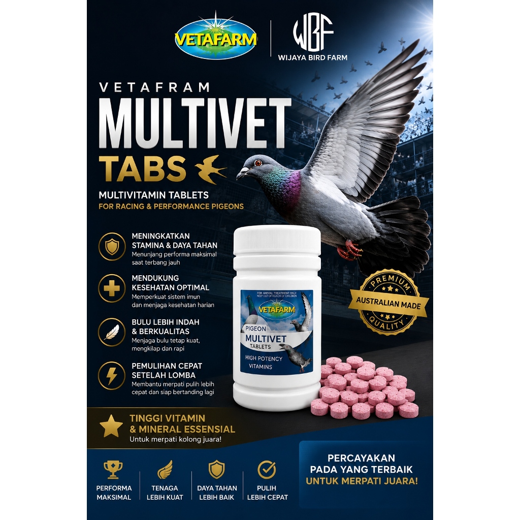 Vetafarm Multivet Tabs Vitamin Merpati Kolong Balap Pos Sprint Nafas Stamina Recovery Premium Austra