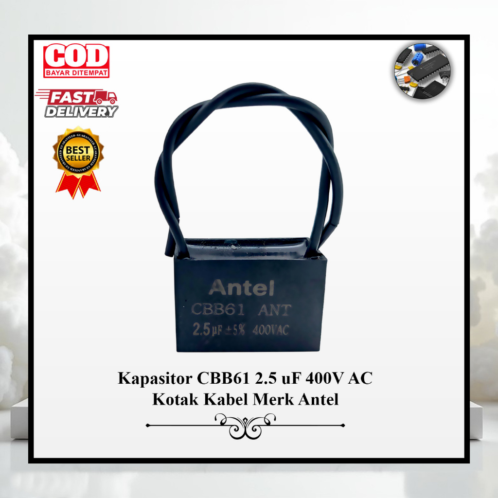 Kapasitor CBB61 2.5 uF 400V AC Kotak Kabel Merk Antel