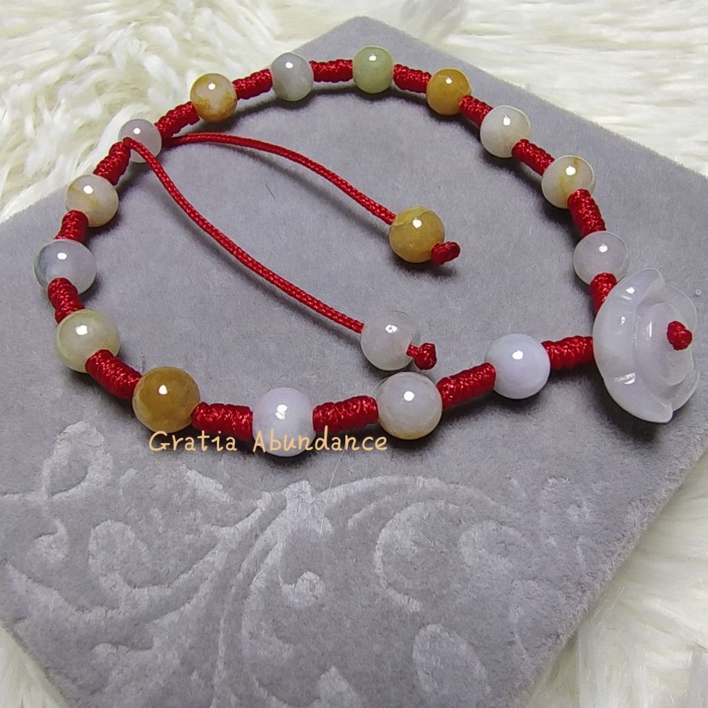 Gelang giok bunga Burma asli tali merah serut