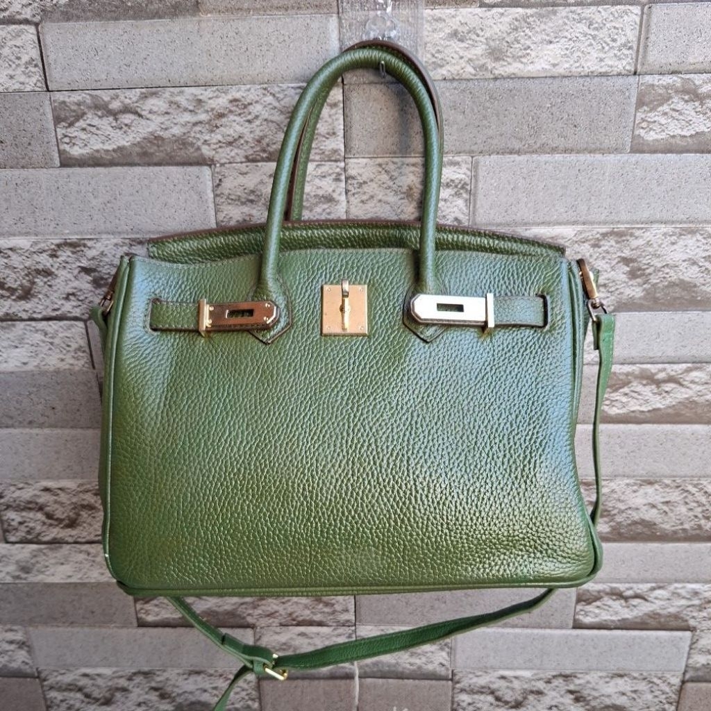 Top Handle Sling Bag, Tas Tenteng Hijau Kulit Sapi Asli