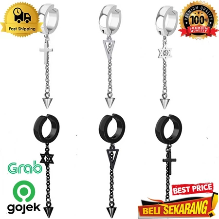 Anting Rantai Tindik Jepit Bintang Hexagram Style Anti Karat / Anting Jepit Tindik Pria Wanita Gothi