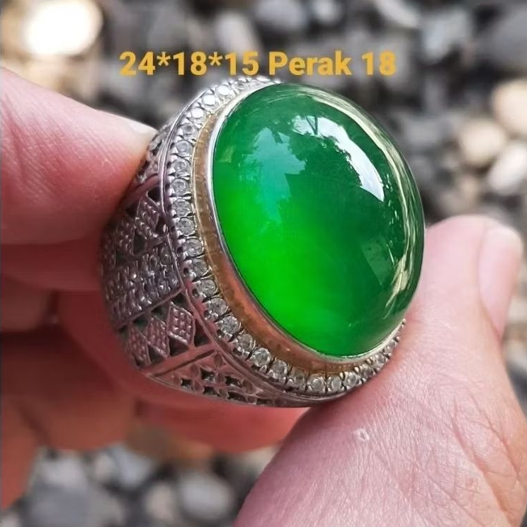 Natural Cincin Giok Jade Burma Hijau Type C JUMBO ring Perak Giwang