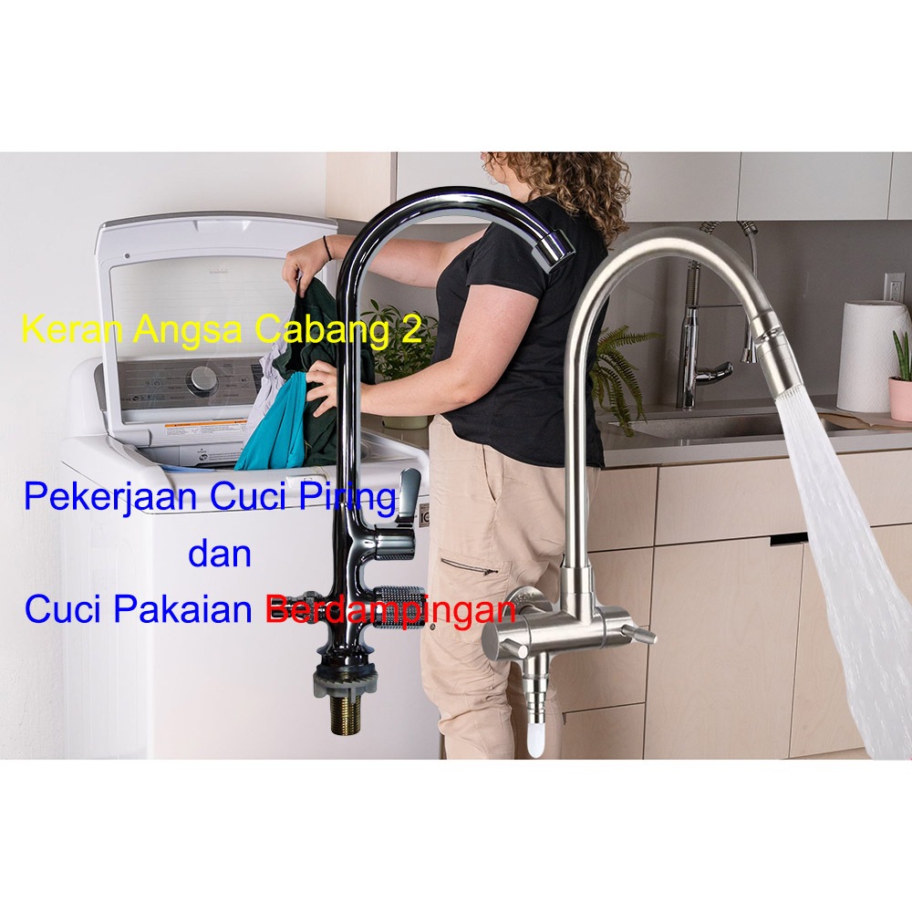 Keran Wastafel Bebek Angsa Cabang 2 Stainless 304. Keran Sink Dapur, Mesin Cuci