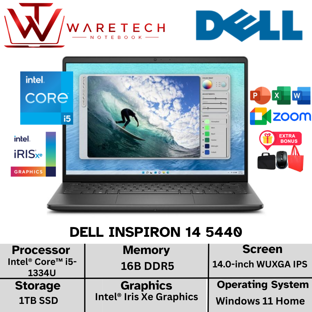 Laptop Kerja Dell Inspiron 14 Intel i5 Gen 13 16GB DDR5 1TB SSD 14 Inch WUXGA IPS Windows 11
