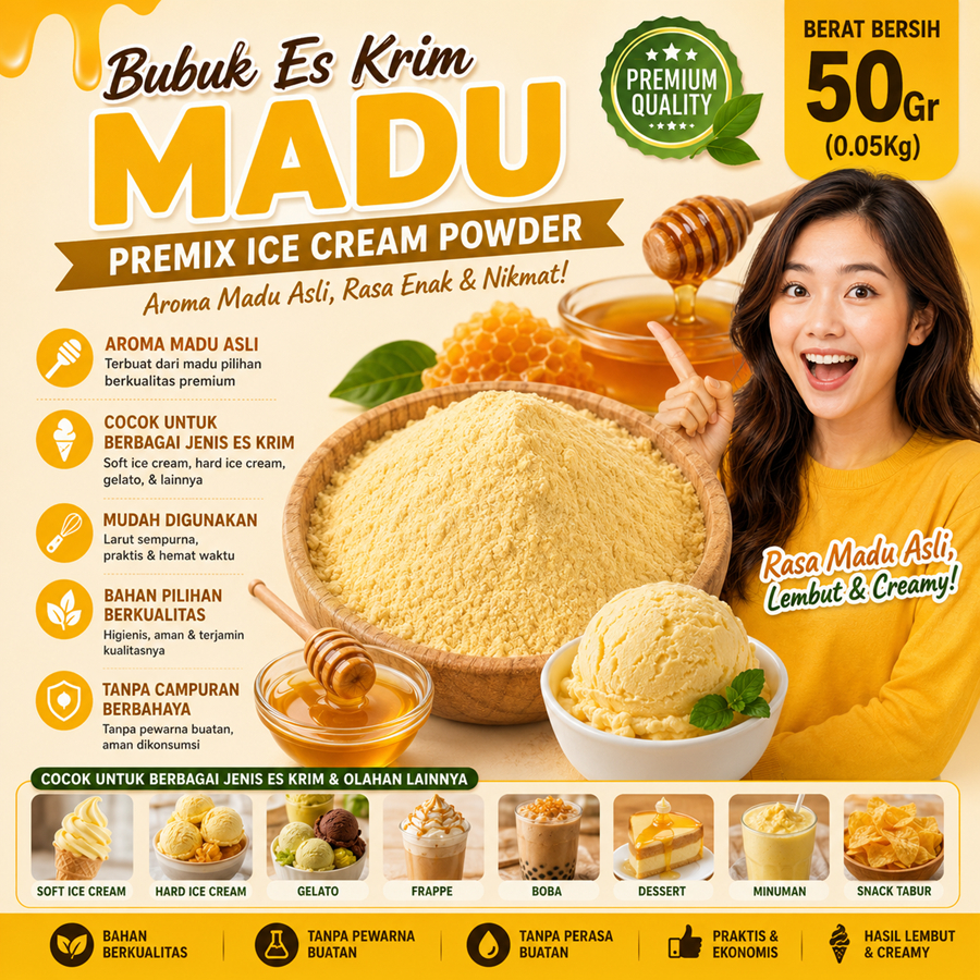 Bubuk Es Krim Madu 50Gr Serbuk Ice Cream Madu 50Gr Eskrim Kiloan Bahan Instan Premix Soft Hard Gelat