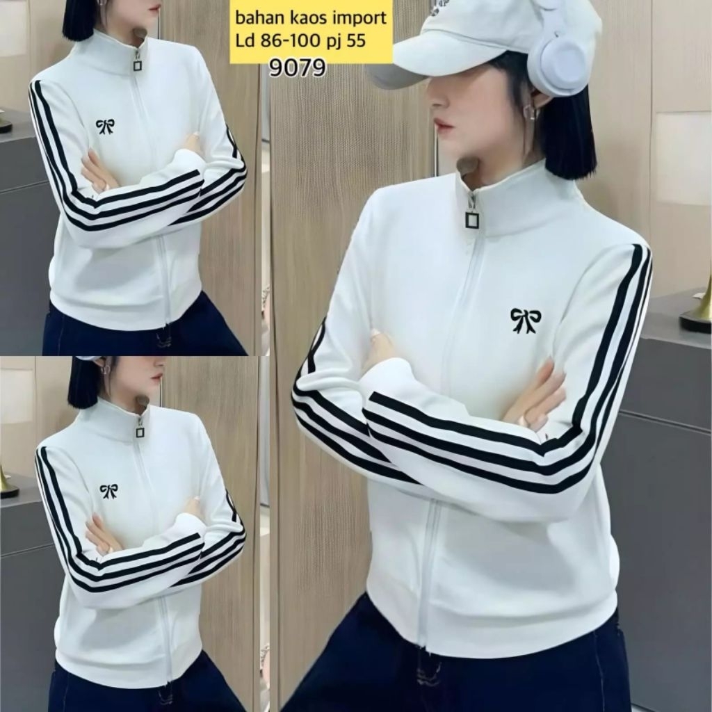 9079 Kaos Sporty Wanita Import Premium - Jacket Putih Resleting List Garis Korean Style Model Pita