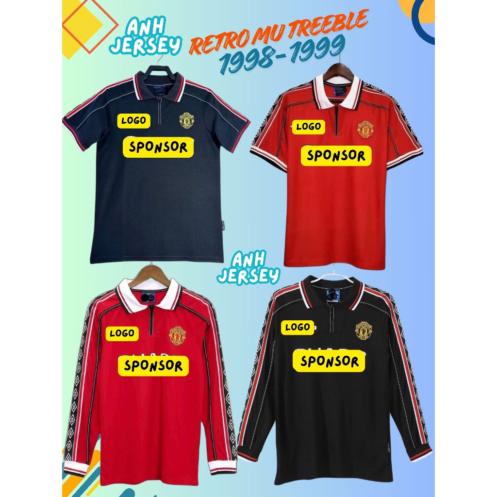 (RETRO) JERSEY BAJU BOLA (EMYU)  MU HOME MERAH HITAM LS TREBLE WINNER 1998 1999 KLASIK