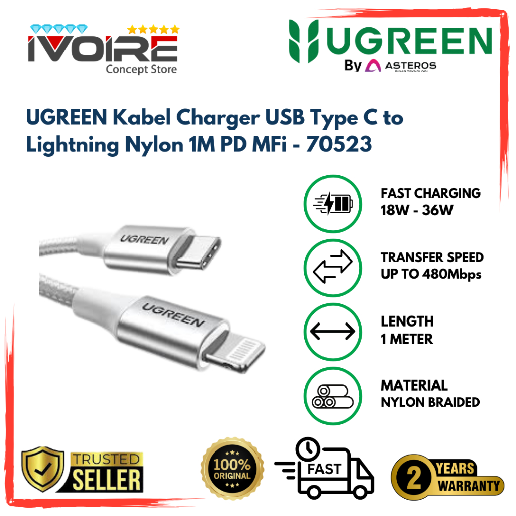 UGREEN Kabel Charger USB Type C to Lightning Nylon 1M PD MFi - 70523