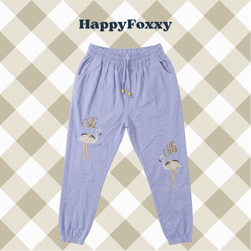 HappyFoxxy Celana Jogger Wanita Lilac Bordir Flamingo Casual Pants Karet