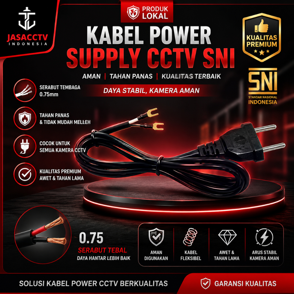 KABEL POWER SUPPLY CCTV SNI SKUN Y 2x0.75mm 2.5A 250V 1.8M Serabut Tembaga Tebal Aman dari Arus Pend