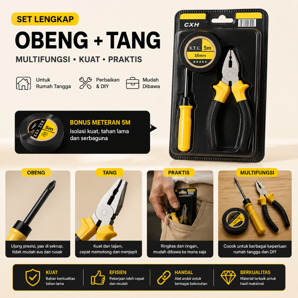Set Obeng Tang Multifungsi Bonus Lakban Hitam / Tang Kombinasi + Obeng Rumah Tangga DIY Portable