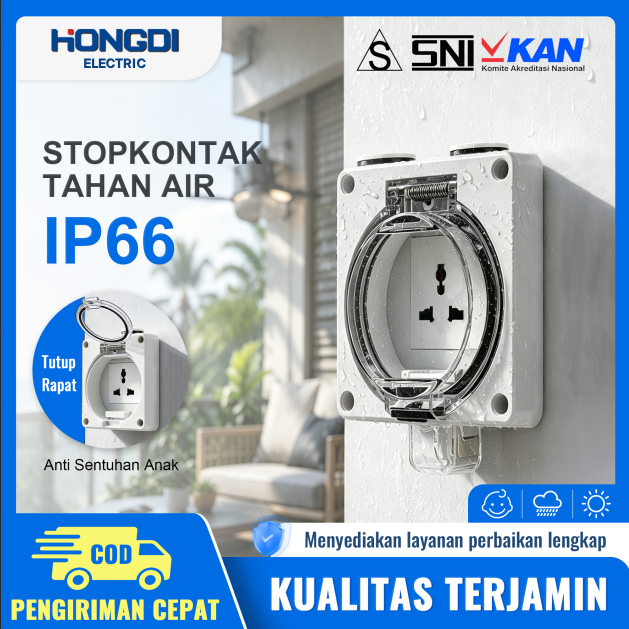 HONGDI Stop Kontak Outdoor IP66 Waterproof Anti Air Soket Listrik Dinding Colokan Eropa 3Lubang 250V
