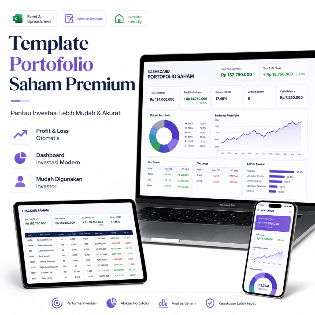 Template Portofolio Saham Excel Premium - Pantau Investasi, Profit Loss & Analisis Saham | Dashboard