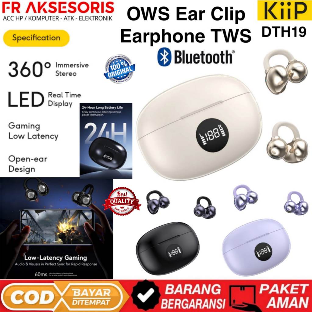 KiiP DTH19 TWS Open Ear Clip Earphone Bluetooth 5.4 Smart LED Display Hitam/Beige