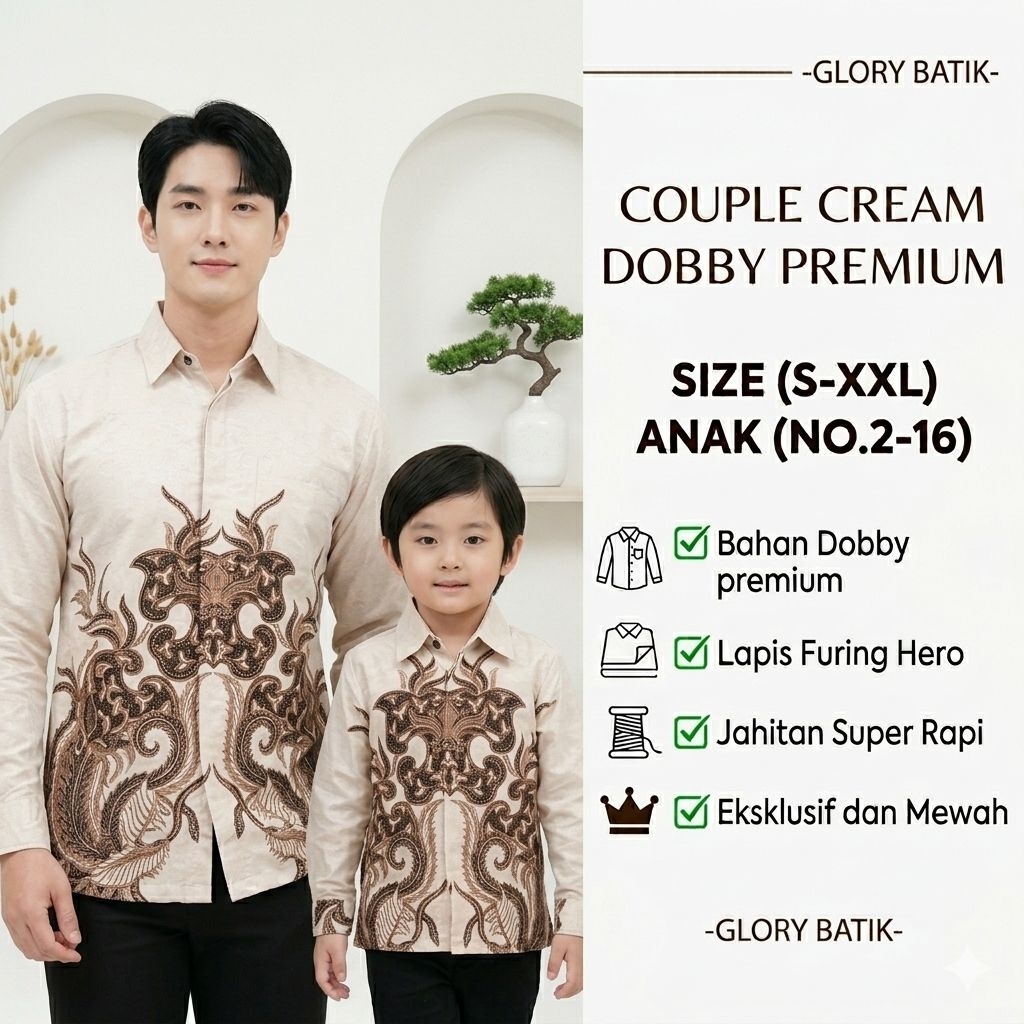 Couple Batik Cream Ayah Anak Dobby Furing Premium | Atasan Batik Dobby Lengan Panjang | Baju Batik b