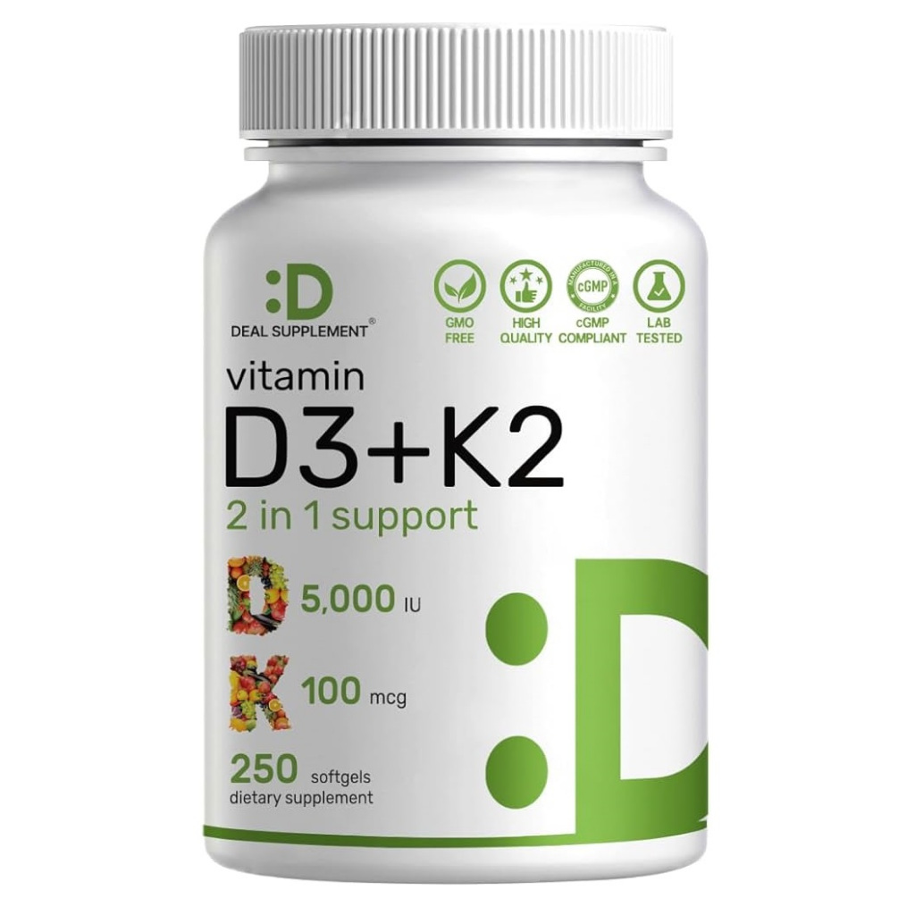 Deal Vitamin D3 K2 5000IU 100mcg Supplement D 3 K 2 5000 IU 100 mcg 250 softgels