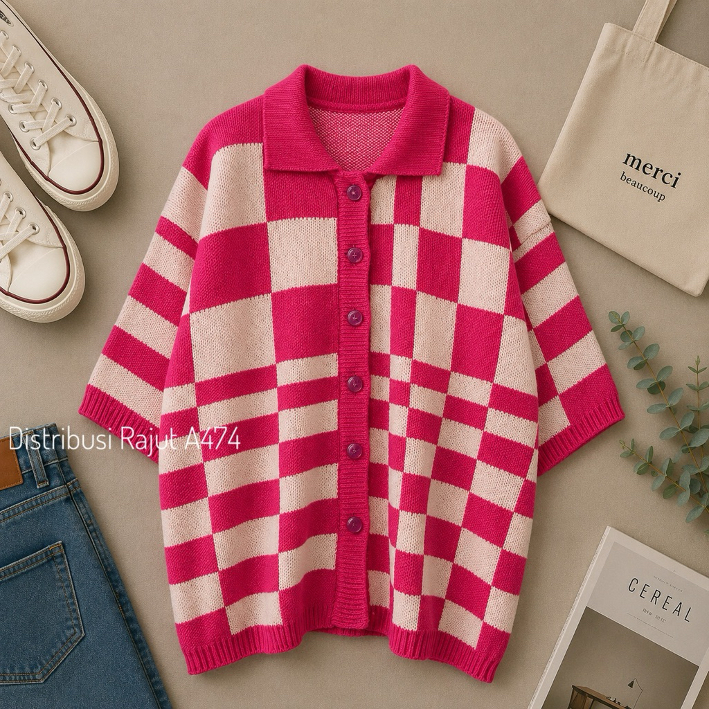 KNITWEAR OUTFIT FUJI CARDIGAN RAJUT MOTIF KOTAK OVERSIZE