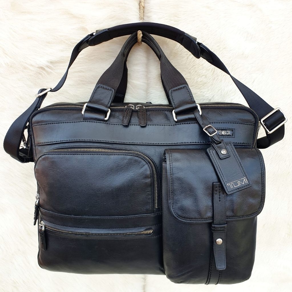 Tas Tumi Tas Kantor Briefcase Travel Bag Hitam Kulit Asli Ada Tali Panjang