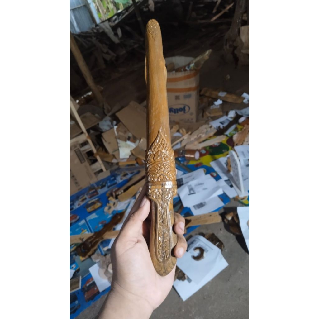 Satu Set Warangka dan Gagang Kujang Bahan Kayu Ukir Sarung Hulu, Pelitur Halus