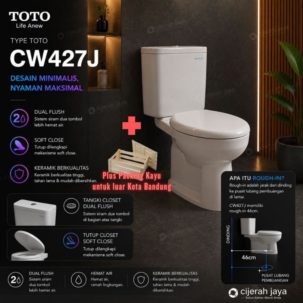 KLOSET DUDUK TOTO CW427J SOFT CLOSING DUAL FLUSH / MONOBLOK CLOSET TOTO CW 427J CW 427 J