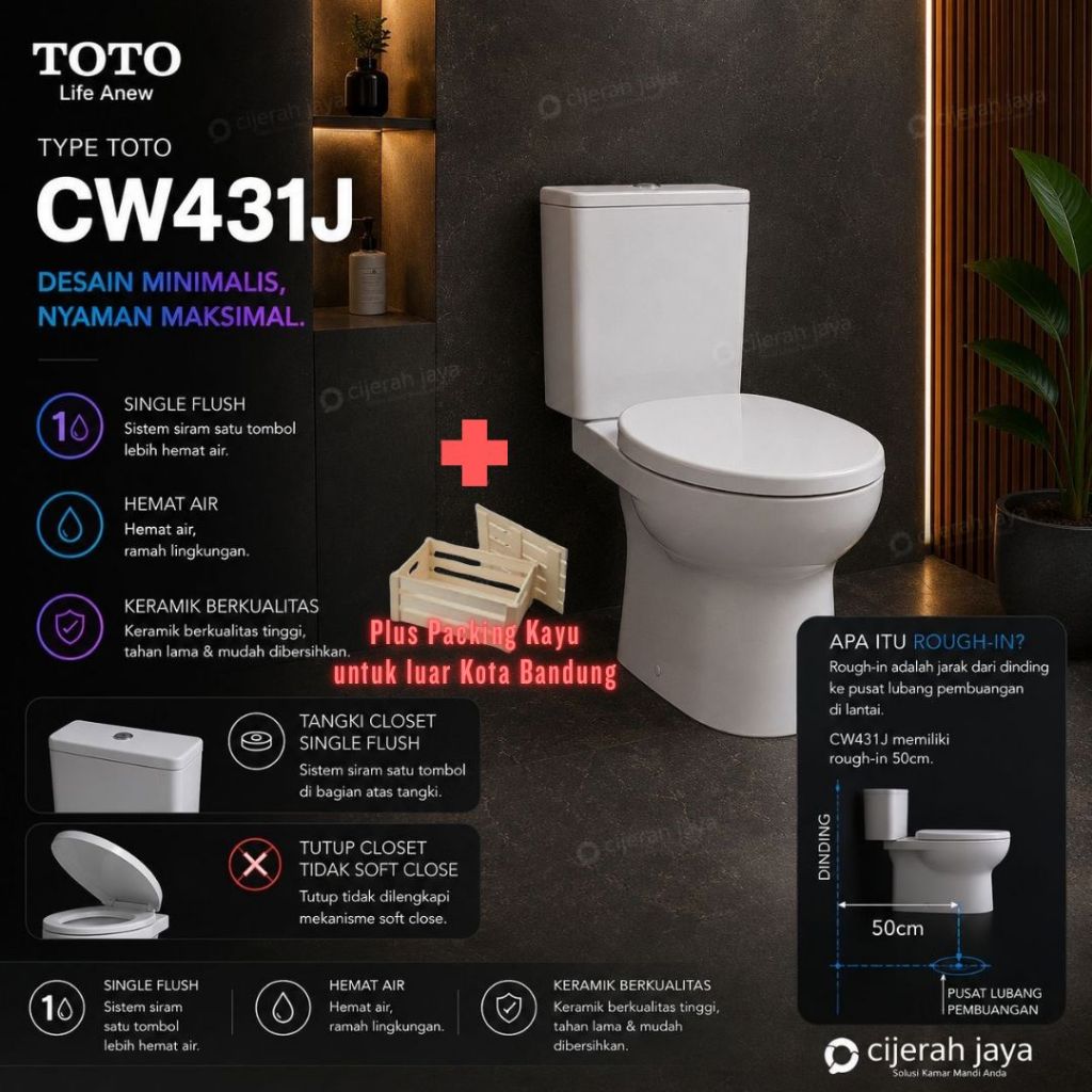 KLOSET DUDUK TOTO CW431J SINGLE FLUSH / MONOBLOK CLOSET TOTO CW 431J CW 431 J LUAR KOTA BANDUNG