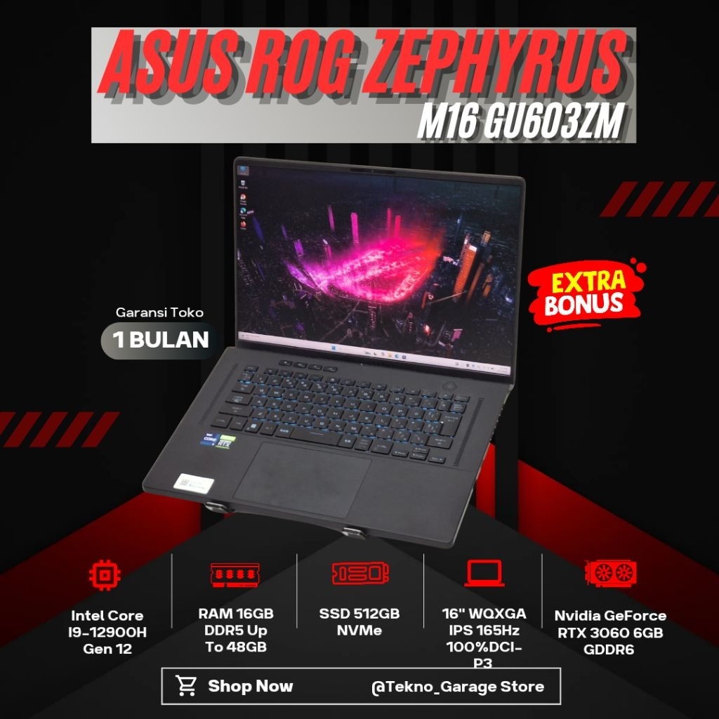 LAPTOP GAMING ASUS ROG ZEPHYRUS M16 GU603ZM CORE I9-12900H RAM 16GB SSD 512GB NVIDIA RTX 3060 16INCI