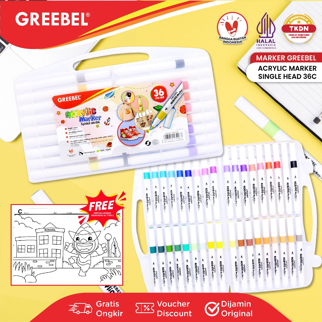 GREEBEL Spidol Warna Warni 1 Set / Spidol Marker Acrylic Single Head (36 Warna) / Spidol Warna / Ske