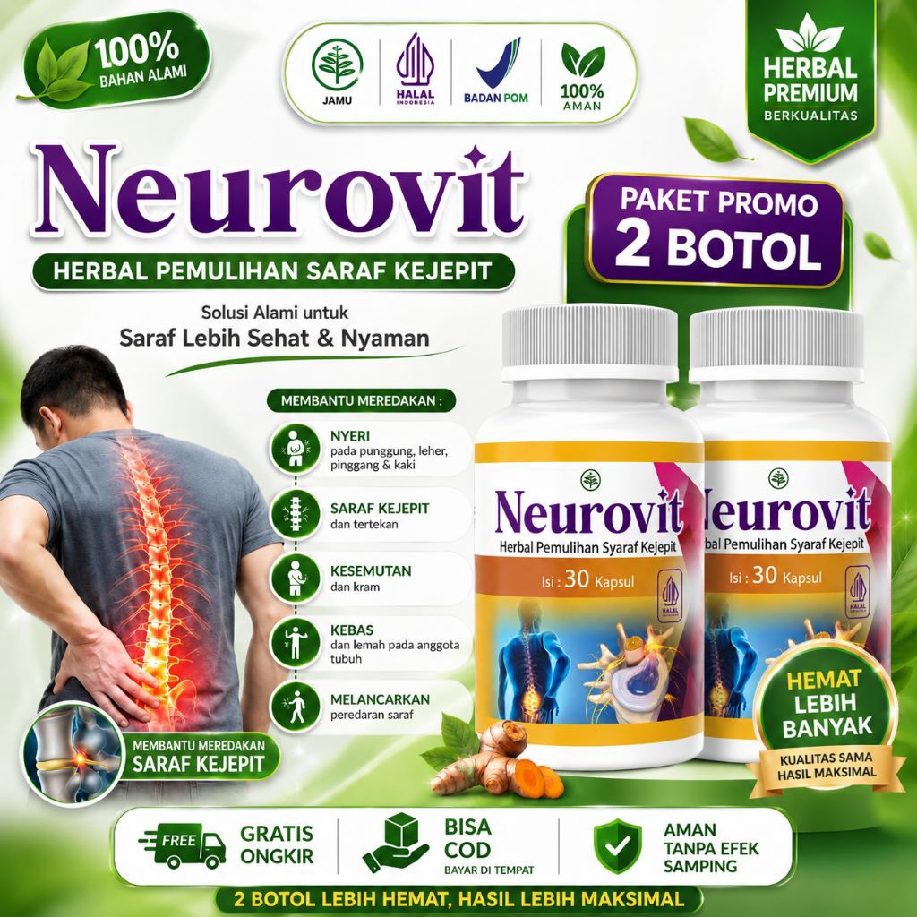 Paket 2 Botol Neurovit Herbal Saraf Kejepit | Obat Herbal Nyeri Saraf Kesemutan Kebas Pegal Pinggang