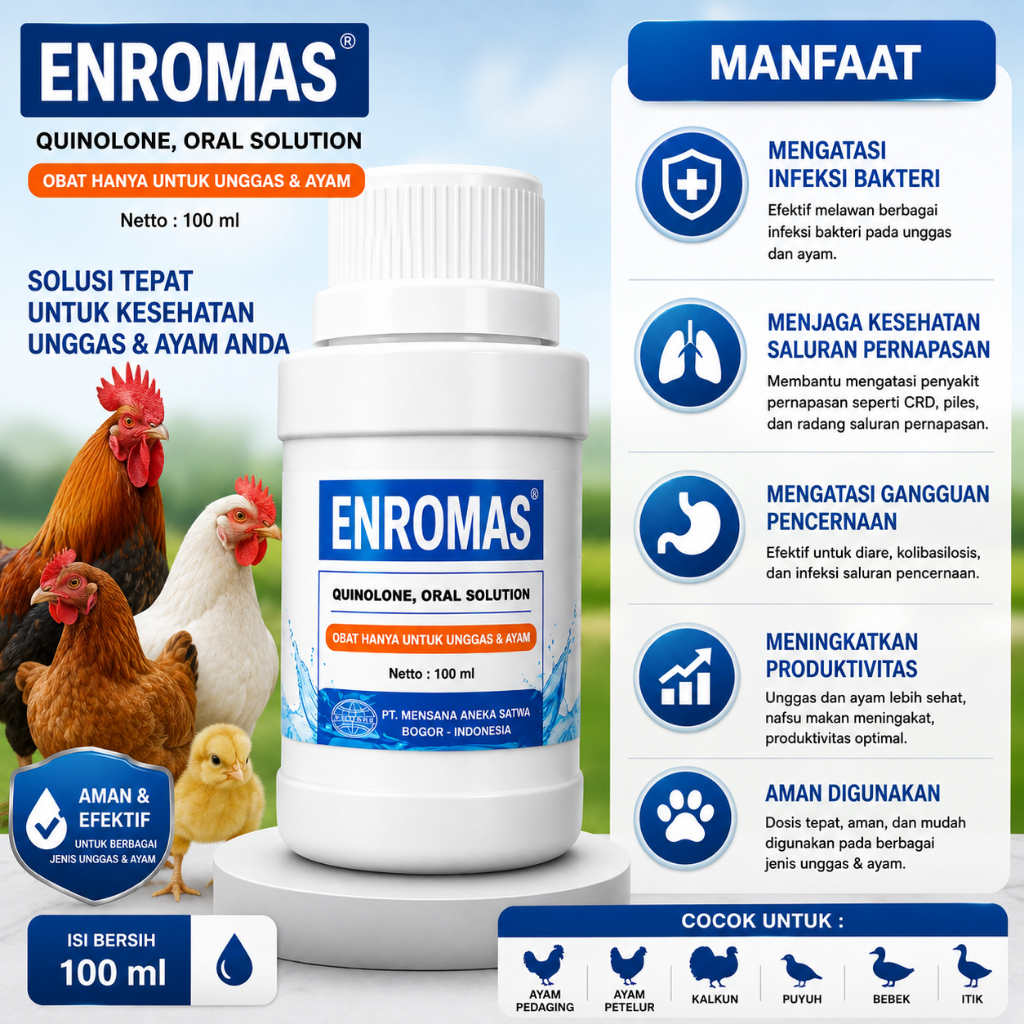 ENROMAS 100 ml Obat Ayam Ngorok Snot CRD Kompleks Ampuh Obat Unggas Cair