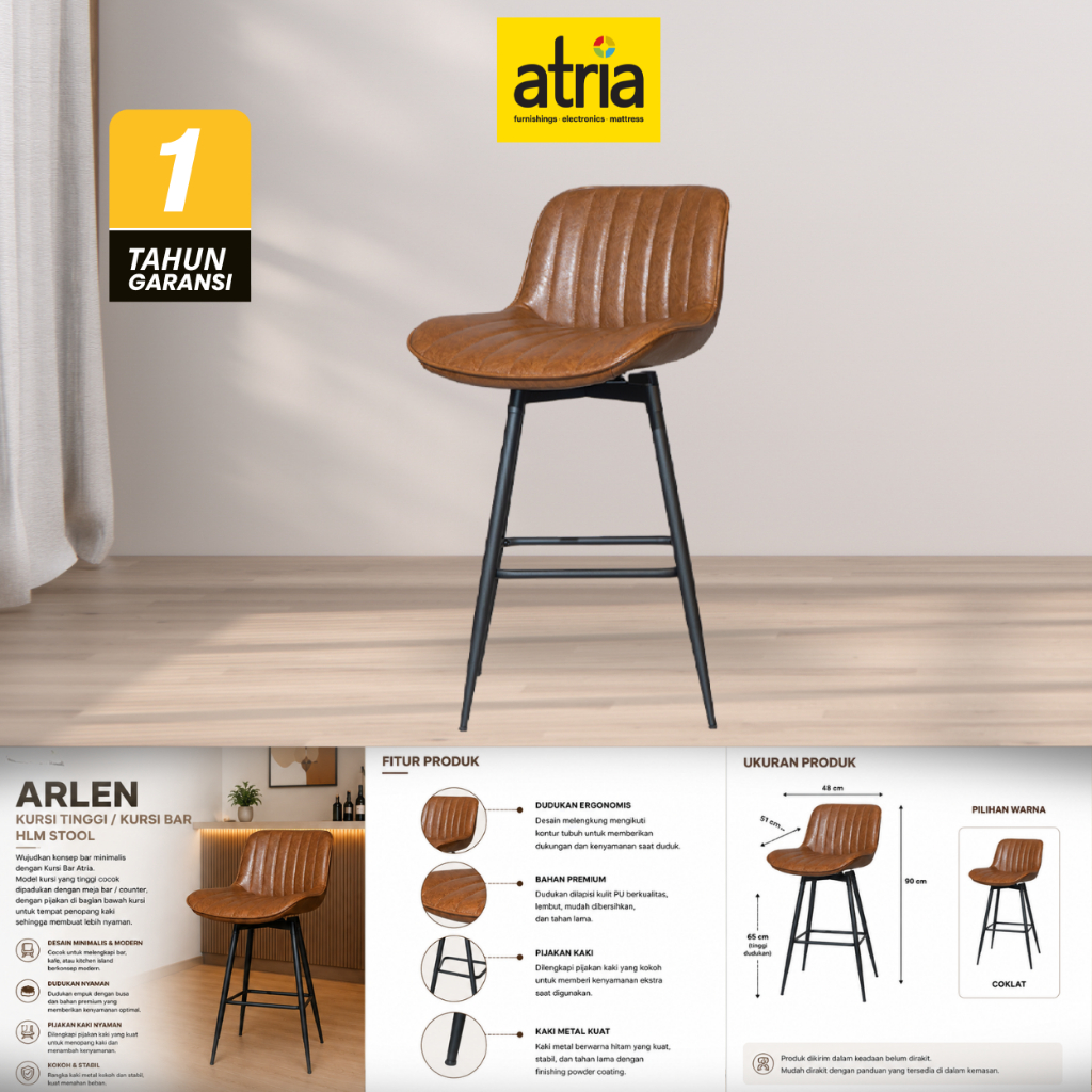 Atria Arlen Kursi Tinggi Kursi Bar Kursi HLM Stool DS-8230 PU Brown