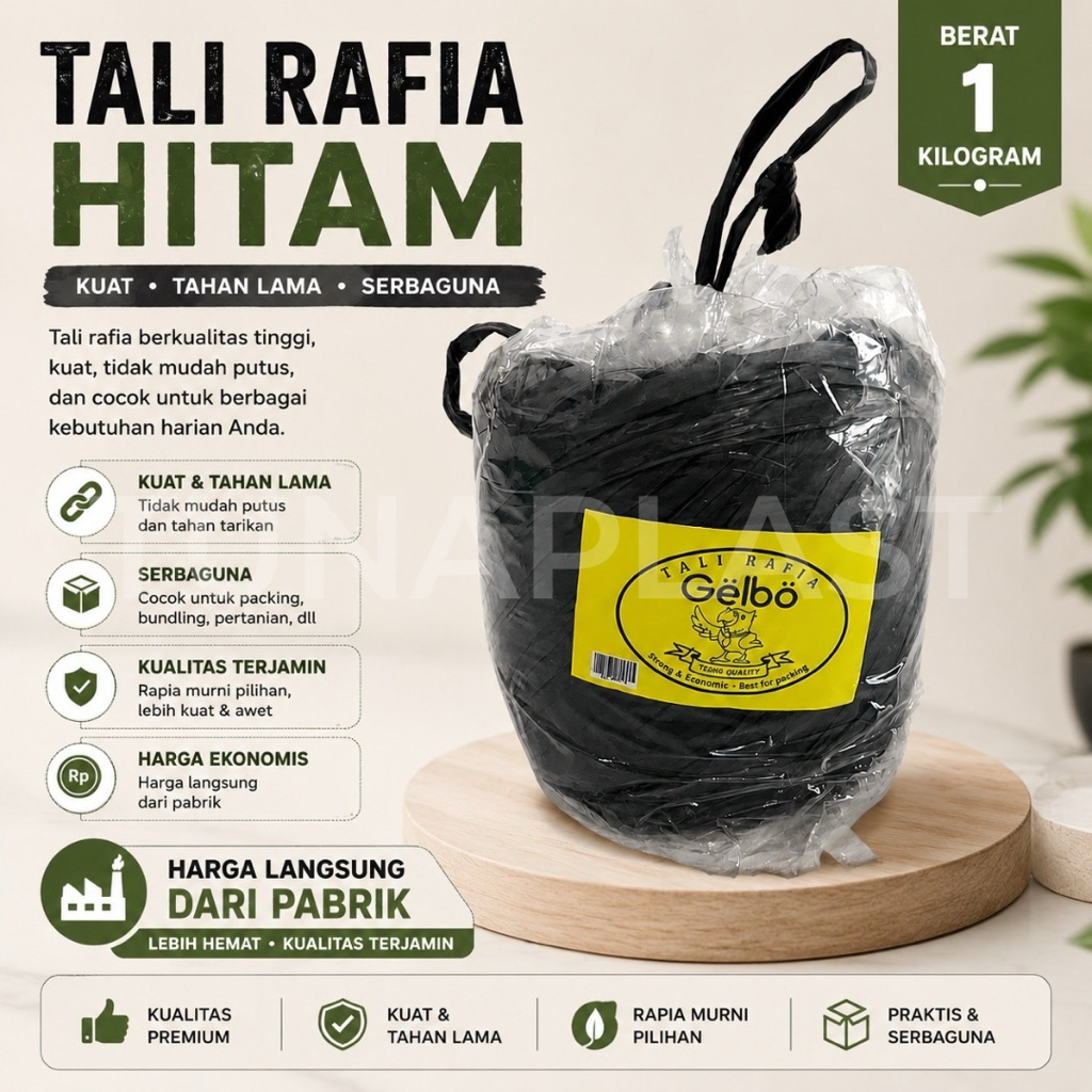 1 KILOGRAM TALI RAFIA WARNA HITAM MEREK GEIBO | TALI RAFIA HITAM | TALI RAFIA