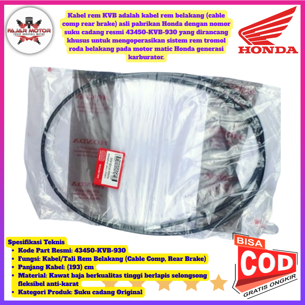 kabel rem belakang Honda beat - kabel rem belakang vario KVB Kode part : 43450-KVB-930
