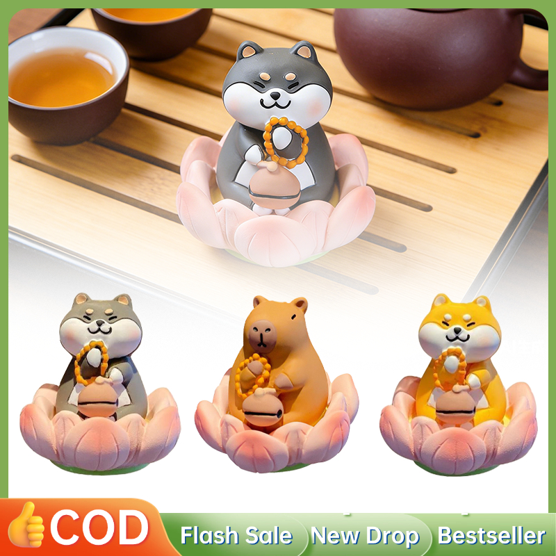 Figur Hewan Patung Buddha Lucu Ornamen Teratai Shiba Kapibara Otter Pajangan Meja Hiasan Keberuntung