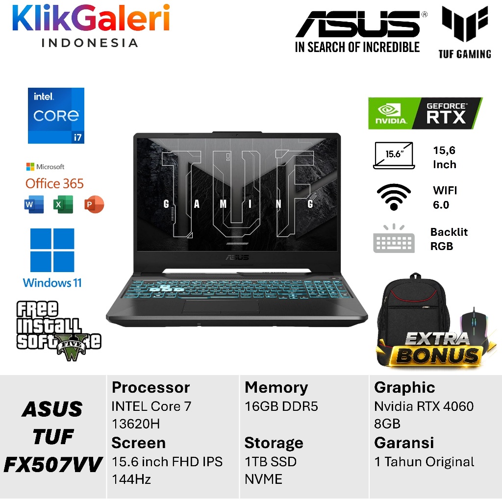 Asus TUF Gaming F15 FX507VV Core i7 RTX4060 RAM 16GB SSD 1TB 144Hz Win11 Laptop Gaming Editing