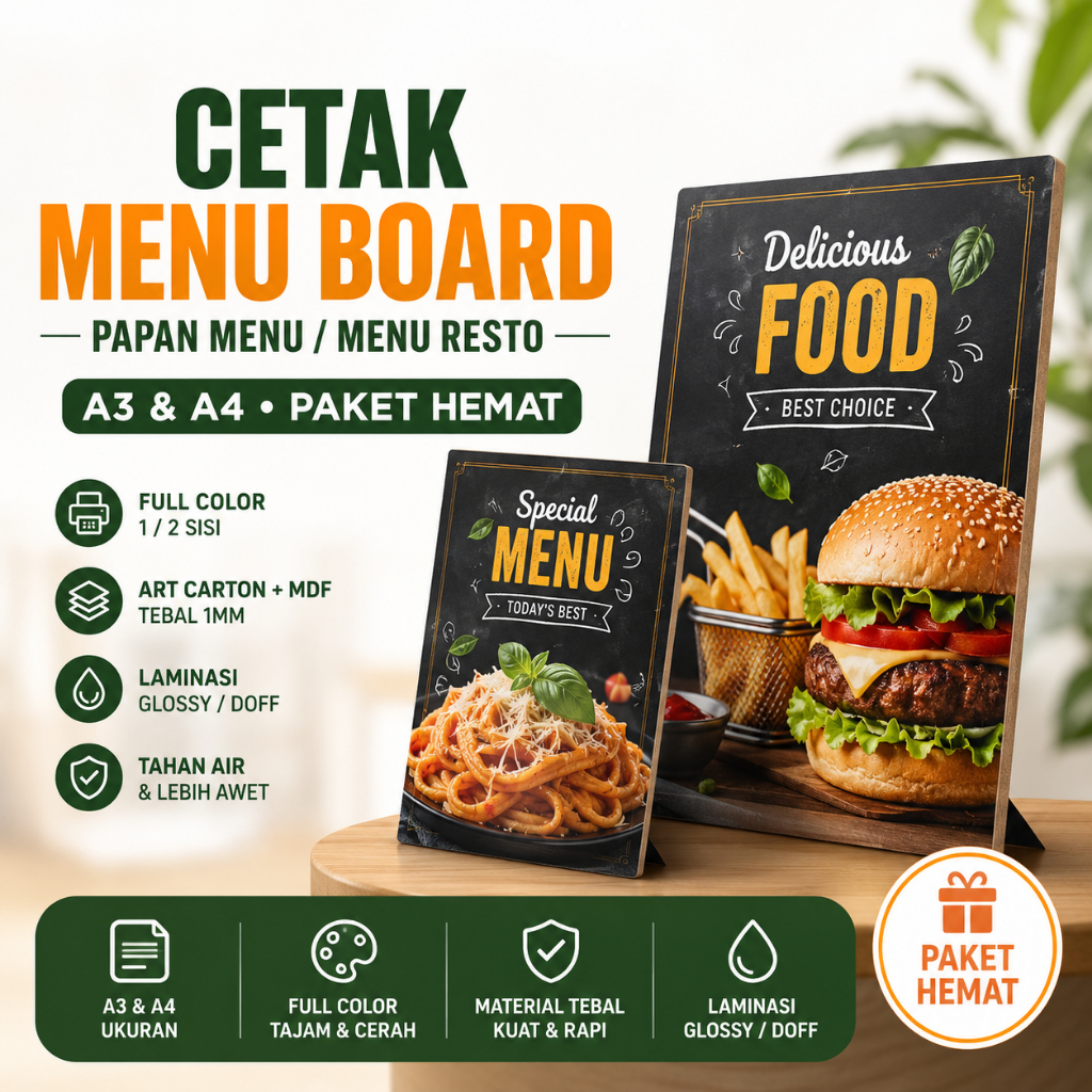 Cetak Daftar Menu Board / Papan Menu / Menu Resto A3 &A4 (Paket Hemat)