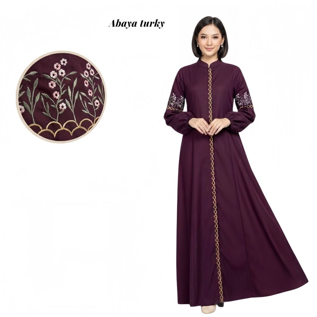 Gamis Abaya Turki Premium Model Kerah Shanghai Busui Wudhu Friendly Bahan Toyobo Abaya Turki Coklat