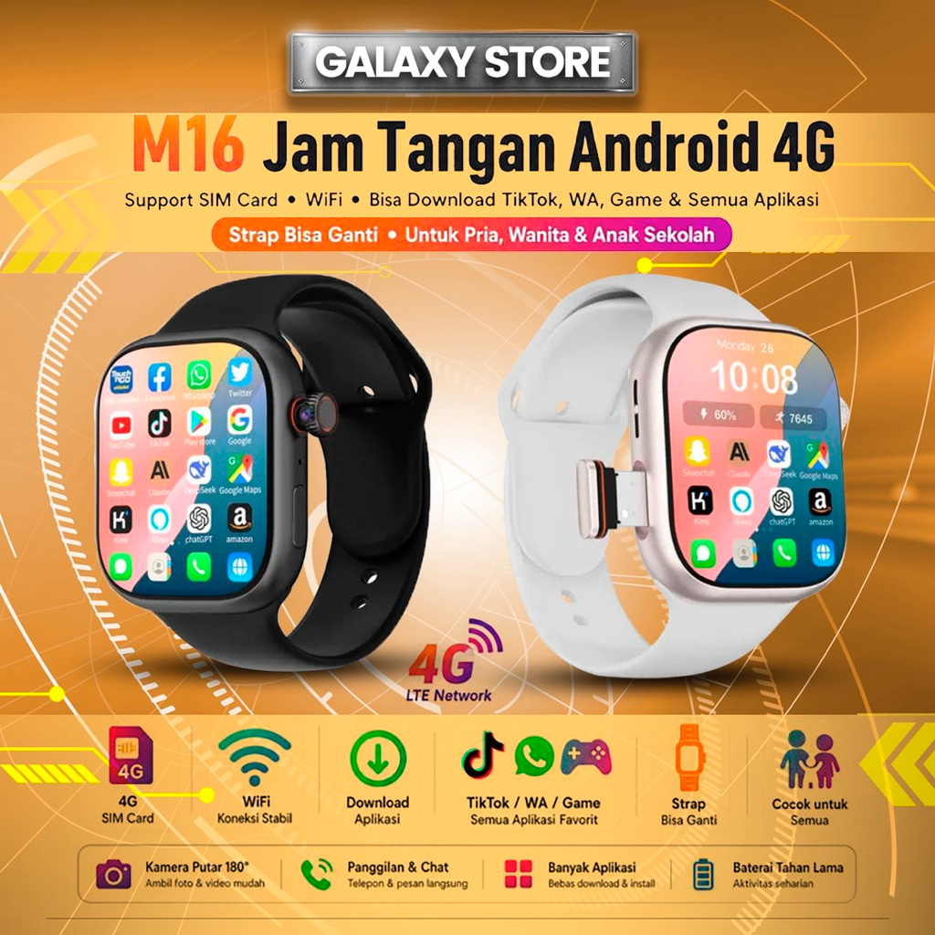 Galaxy-M16 Ultra smartwach android jam tangan simcard 5G Amoled display simcard 4/64GB|Android versi