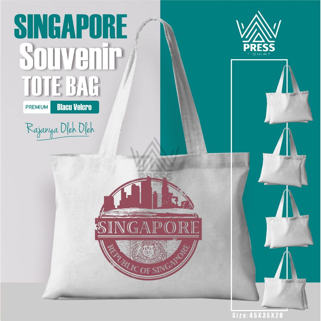 Souvenir Tas Totebag Oleh Oleh Khas Singapore Singapur Singapura SGP Bahan Blacu Putih Banyak Piliha