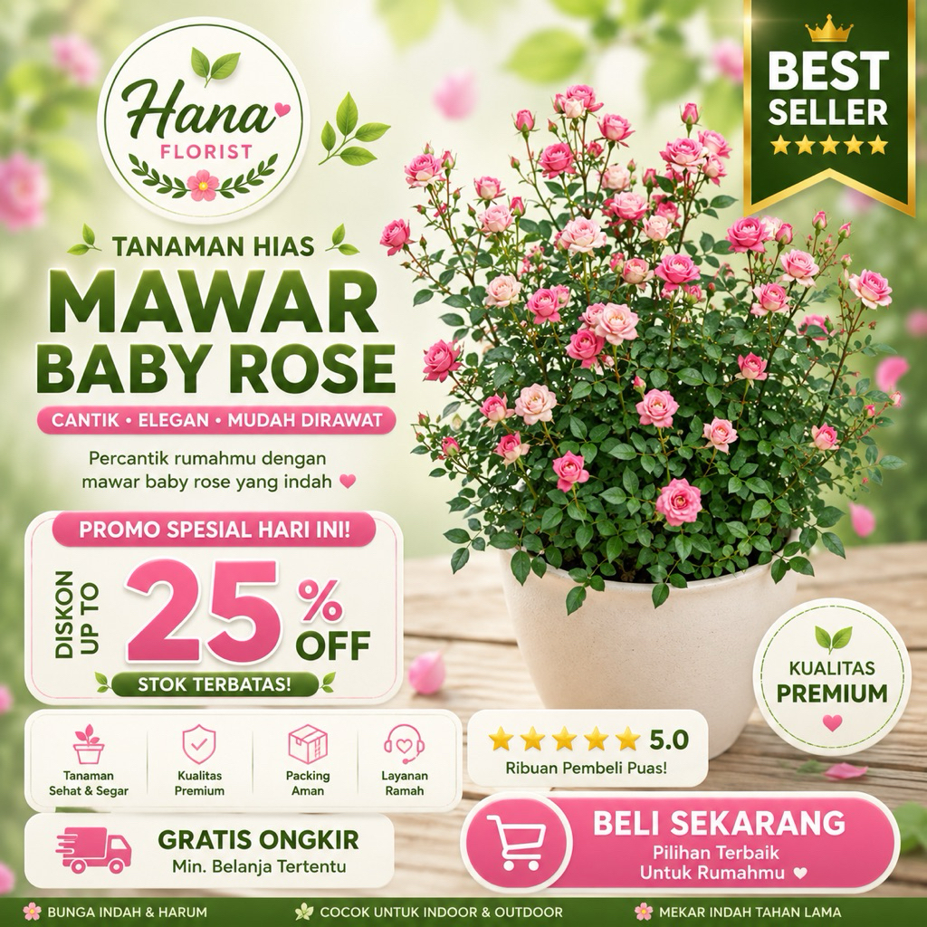 Tanaman Hias Mawar Baby Rose Hidup / Bibit Bunga Mawar Mini Outdoor Rumah Cantik Murah