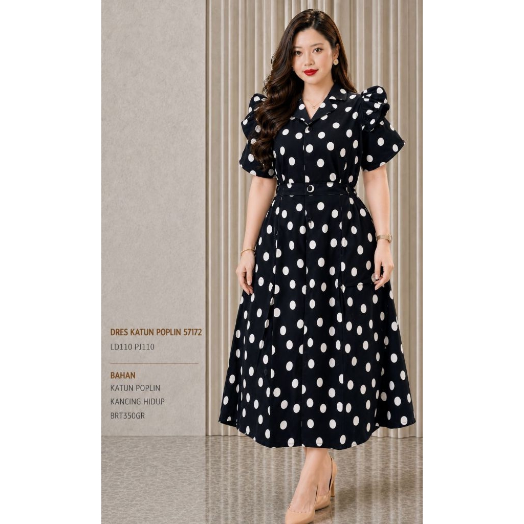 JP 57172 DRESS KATUN POPLIN LD 110CM POLKADOT HITAM PUTIH PREMIUM/ DRESS POLKA TERBARU
